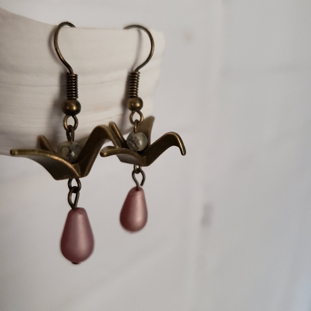 Handmade Bronze Japanese Origami Dancing Crane Earrings